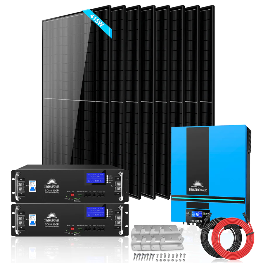 SunGold Power Off-Grid Server Rack Solar Kit 6500W 48VDC 120VAC LifePo4 10.24KWH Lithium Battery 8 X 415W Solar Panels SGR-6510E